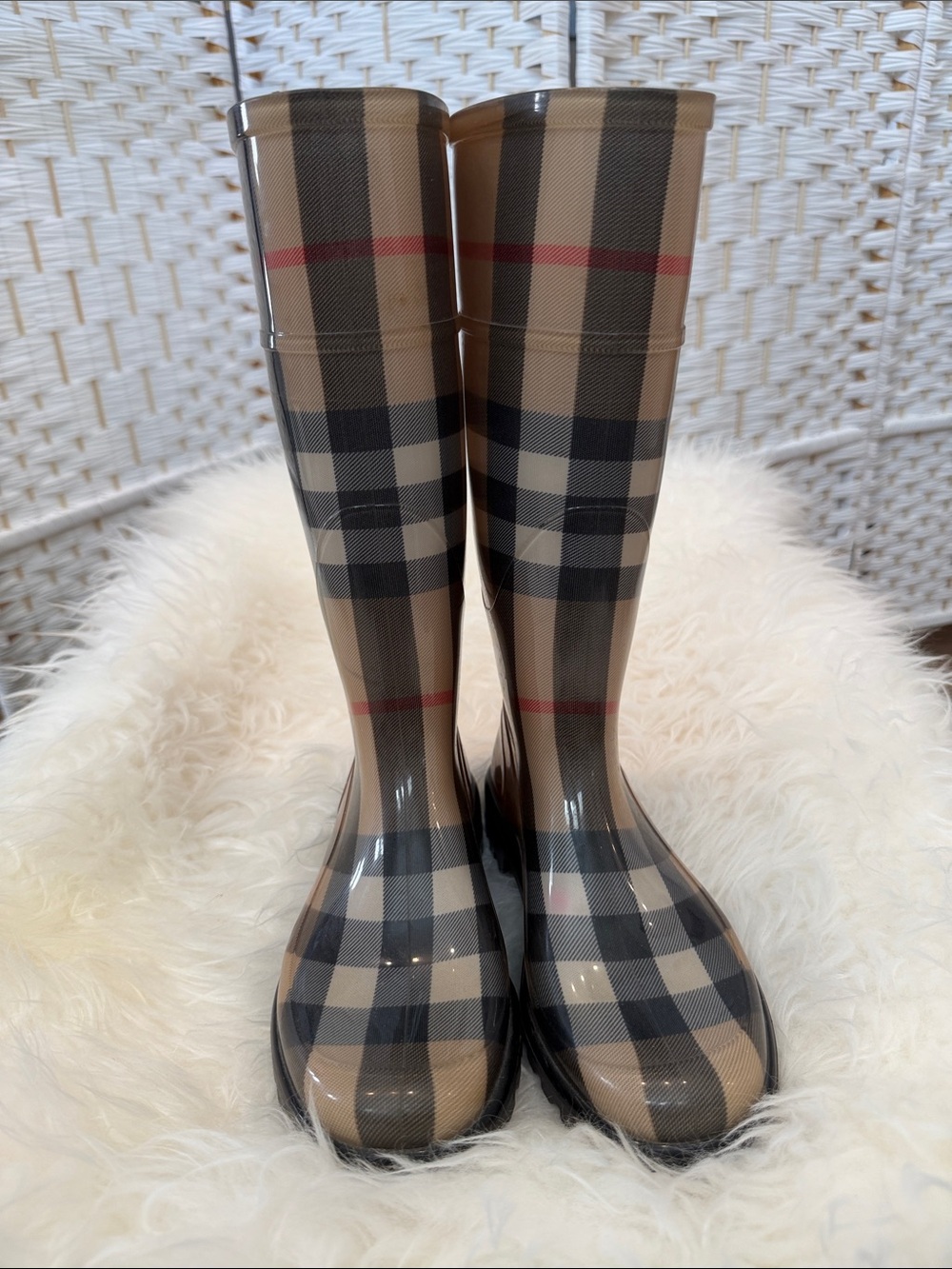 Burberry Plaid Tall Waterproof Rain Boots in Beige and Black